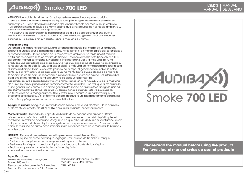 Page 1 de la notice Manuel utilisateur Audibax Smoke 700 LED