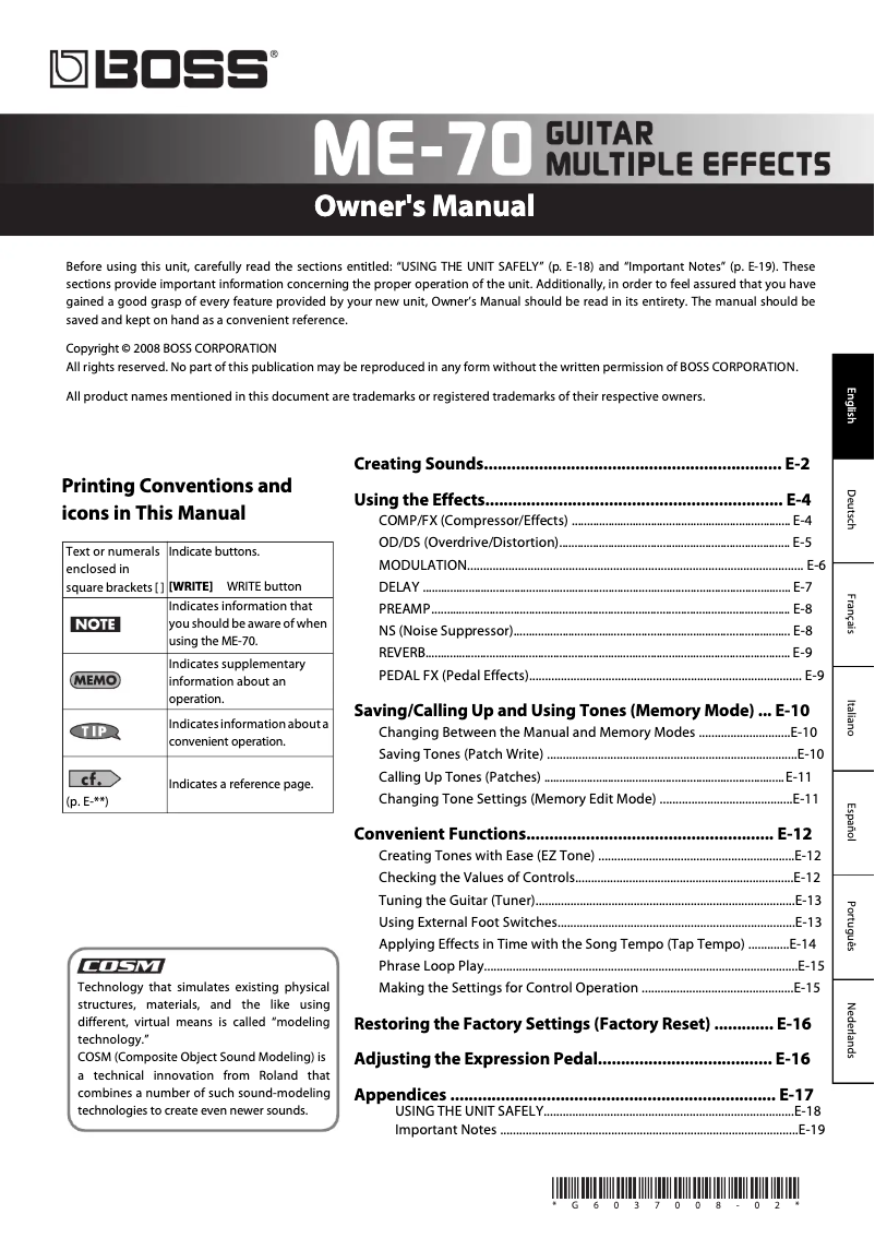 Page n°1 - Manuel utilisateur Boss ME-70