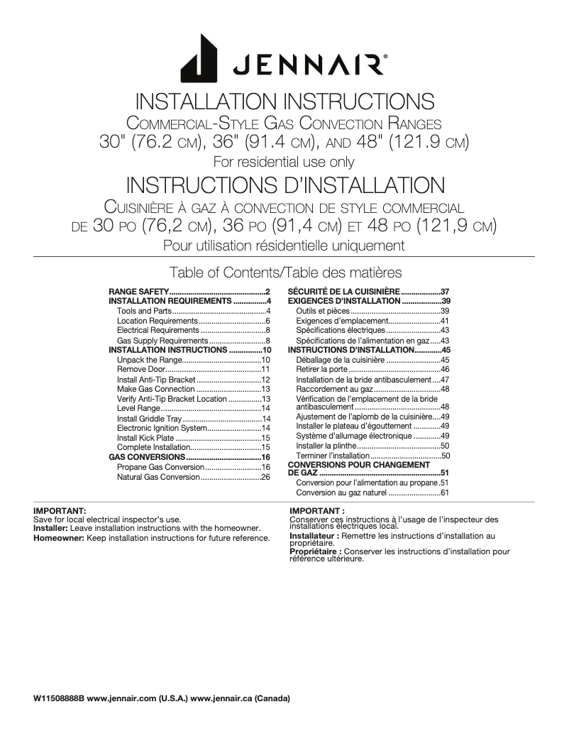 Page 1 de la notice Guide d'installation Jenn-Air JGRP548HM