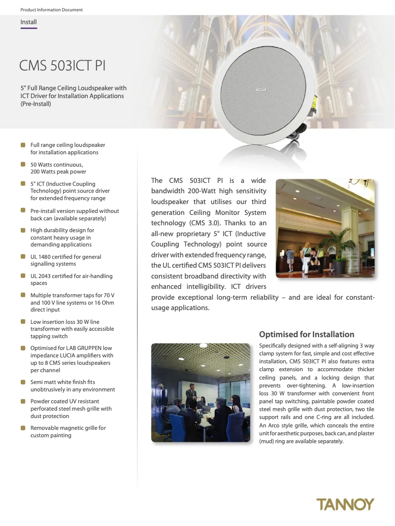 Page 1 de la notice Fiche technique Tannoy CMS 503ICT PI