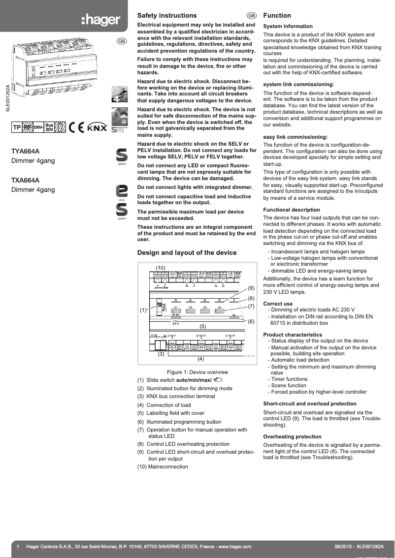 Page n°1 - Manuel utilisateur Hager TYA664A