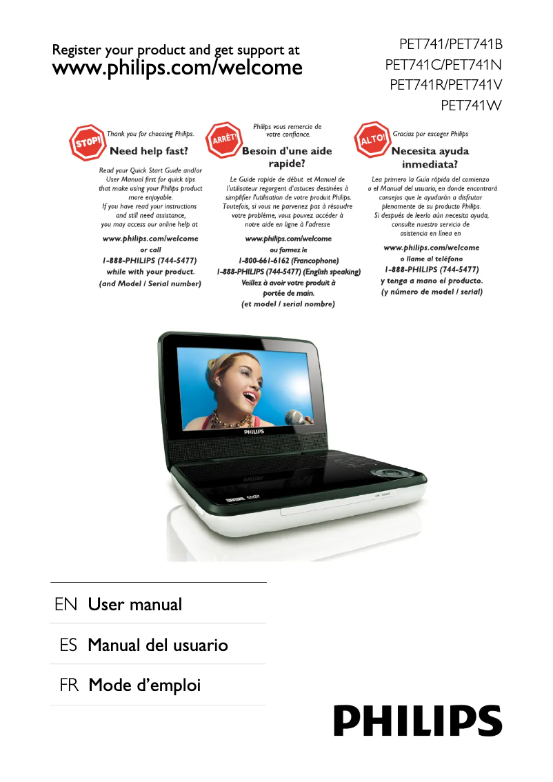 Page 1 de la notice Manuel utilisateur Philips PET741V