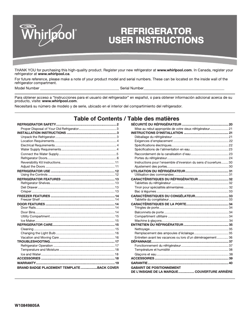 Page 1 of the manual Installation Guide Whirlpool WRT519SZDG