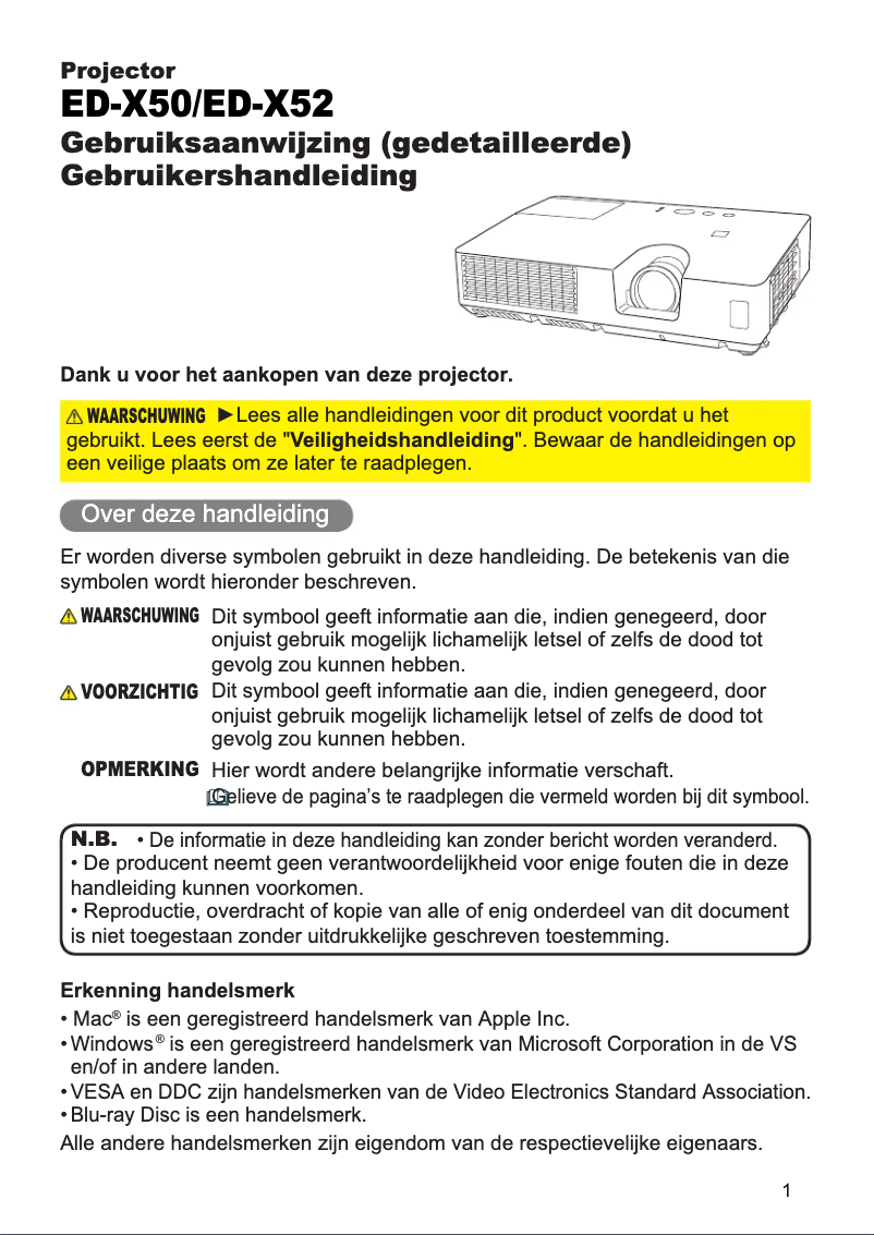 Page 1 de la notice Manuel utilisateur Hitachi ED-X50EP