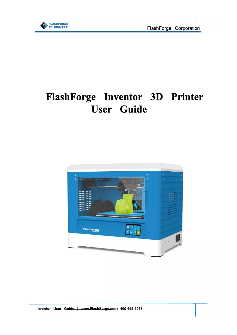 Image de la première page du manuel de l'appareil Flashforge Inventor 3D