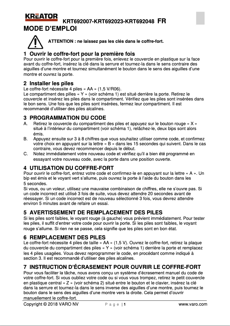 Page n°1 - Manuel utilisateur Kreator KRT692048