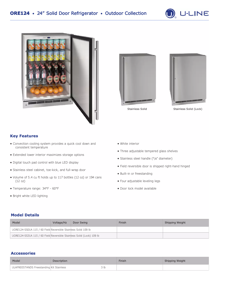Page 1 de la notice Fiche technique U-Line UORE124