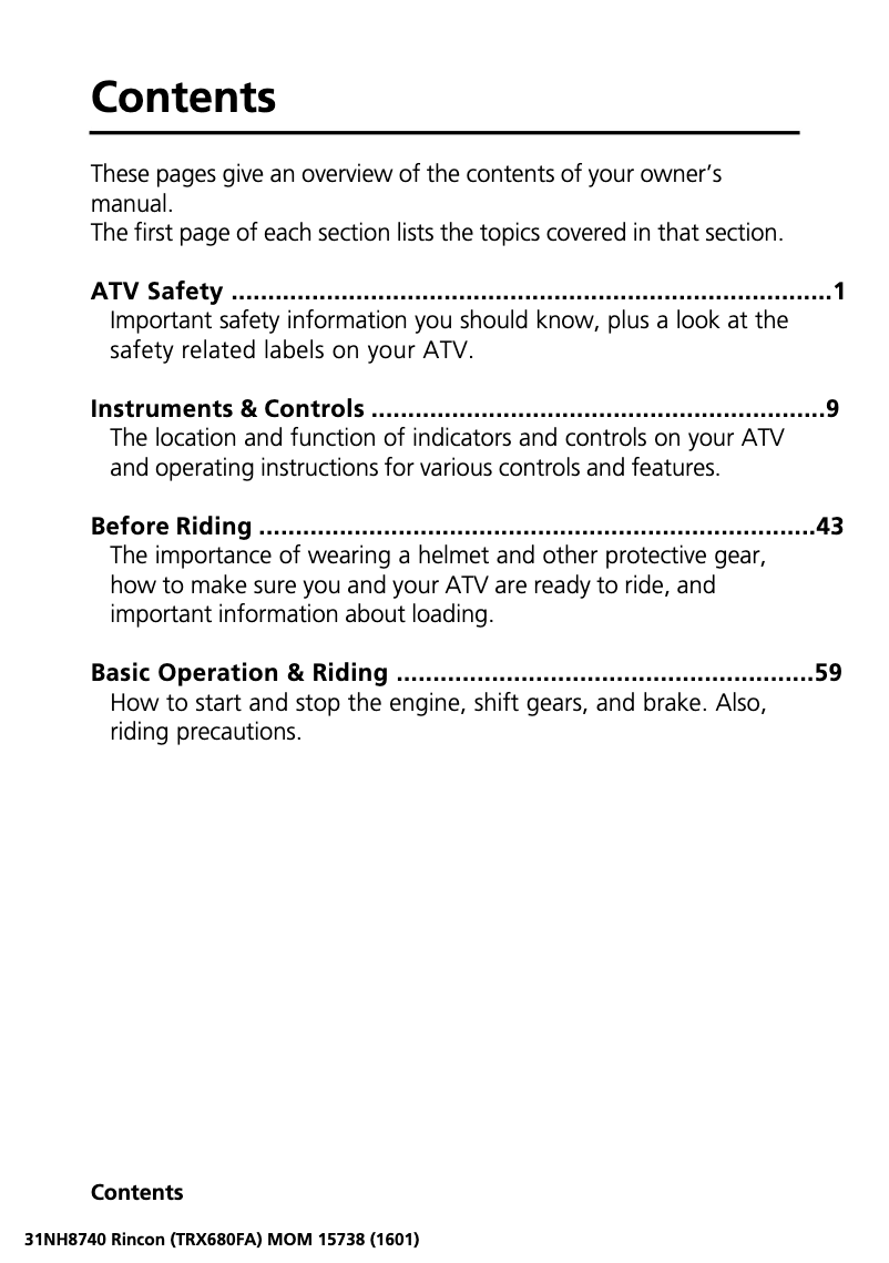Página 1 del manual Manual de usuario Honda FourTrax Rincon TRX680FA(2017)