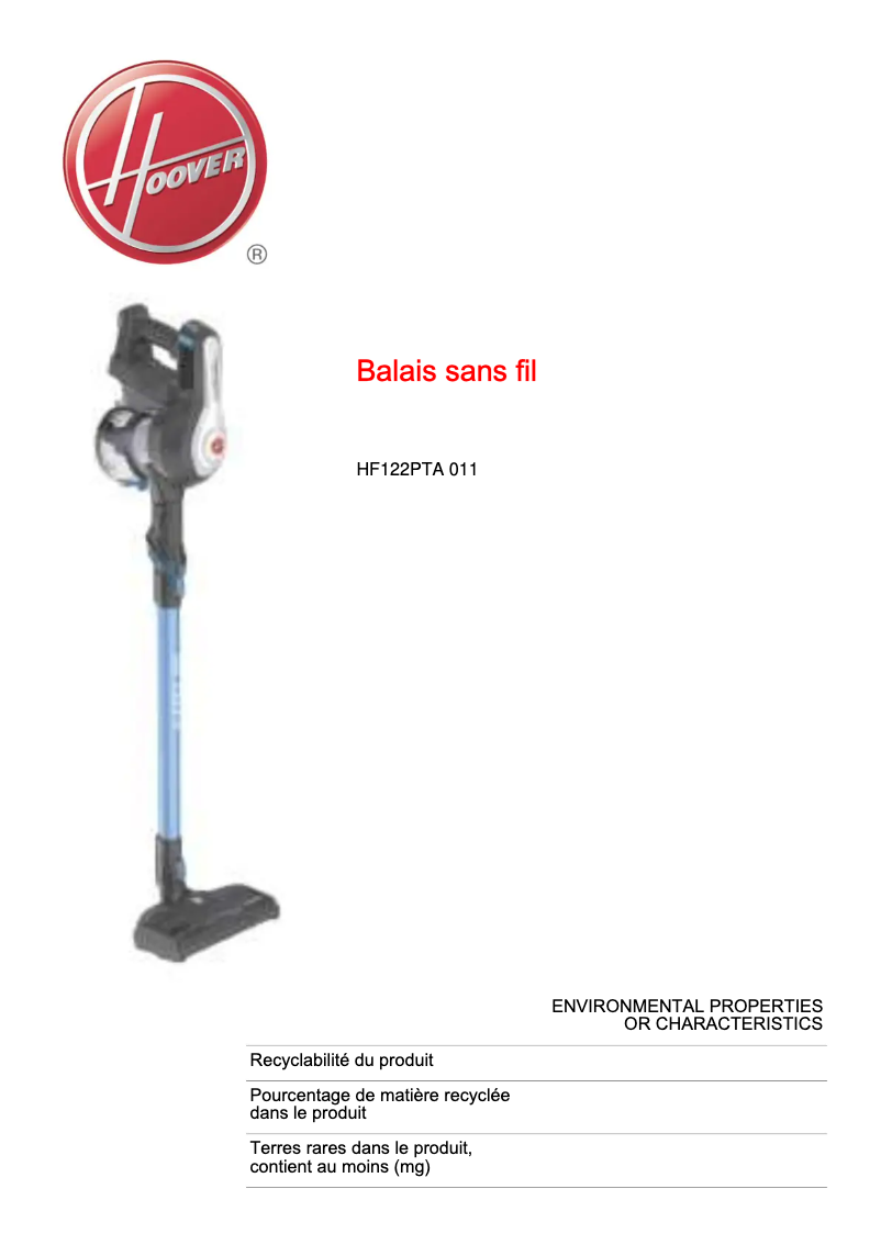 Page 1 de la notice Fiche technique Hoover H-Free 100