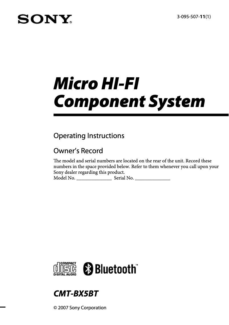 Page 1 de la notice Manuel utilisateur Sony CMT-BX5BT