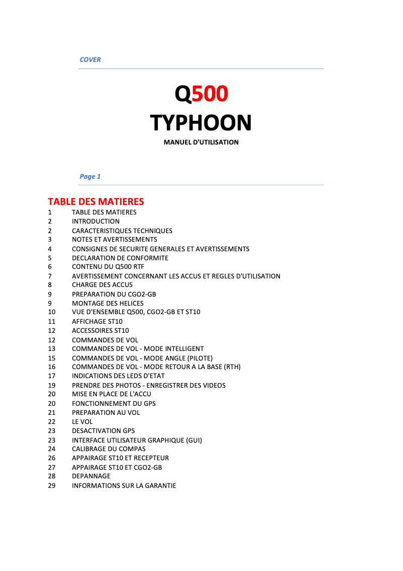 Page n°1 - Manuel utilisateur Yuneec Typhoon Q500