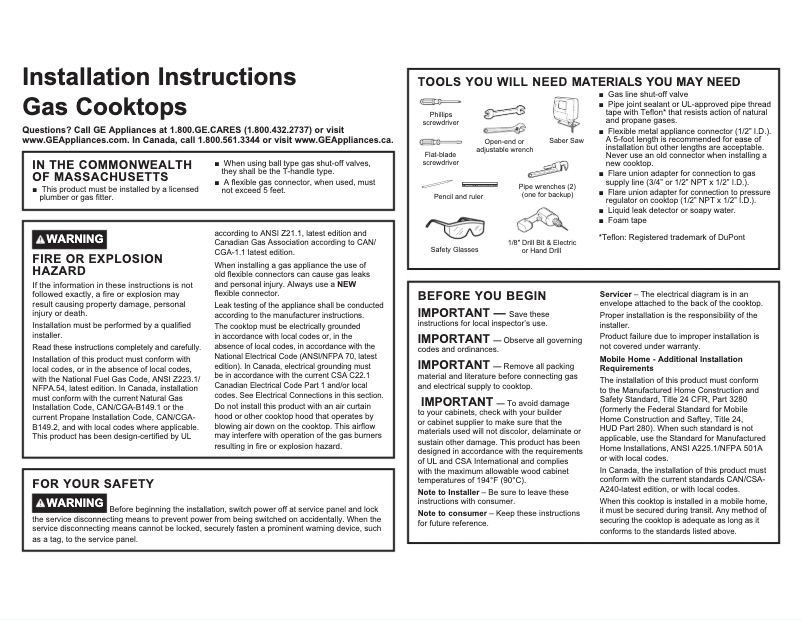 Page 1 of the manual Installation Guide GE JGP5530DLBB