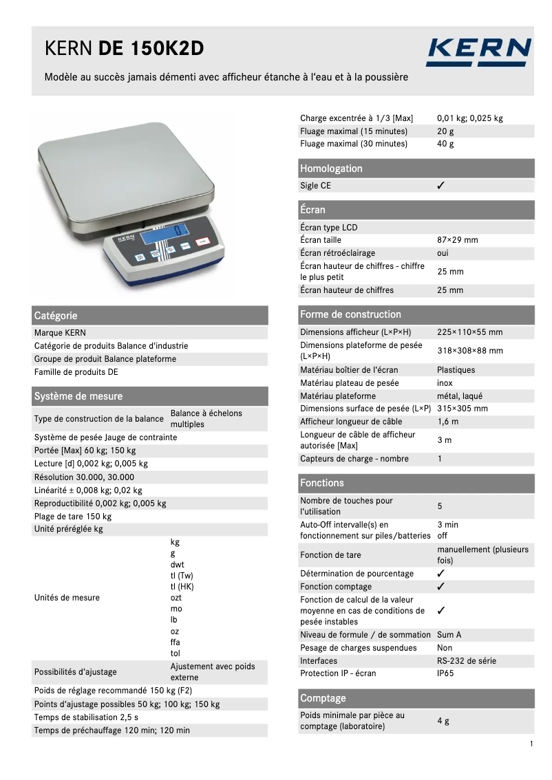 Page 1 de la notice Fiche technique Kern DE 150K2D