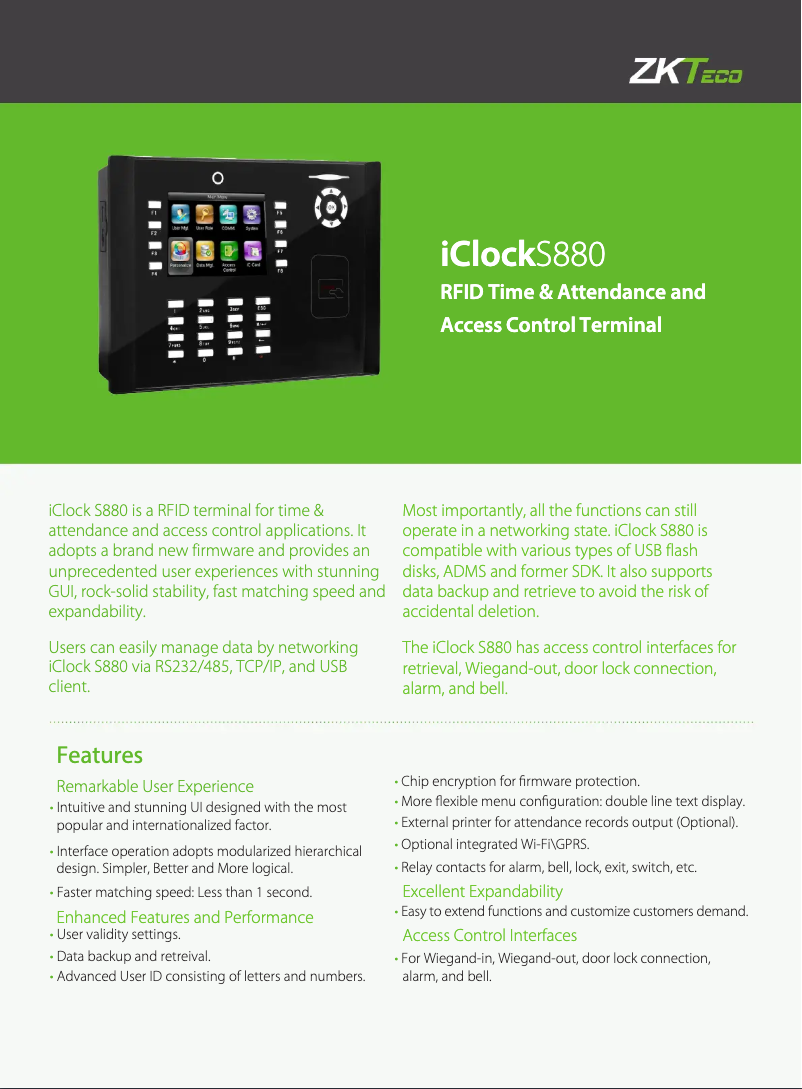 Page 1 de la notice Fiche technique ZKTeco iClock S880