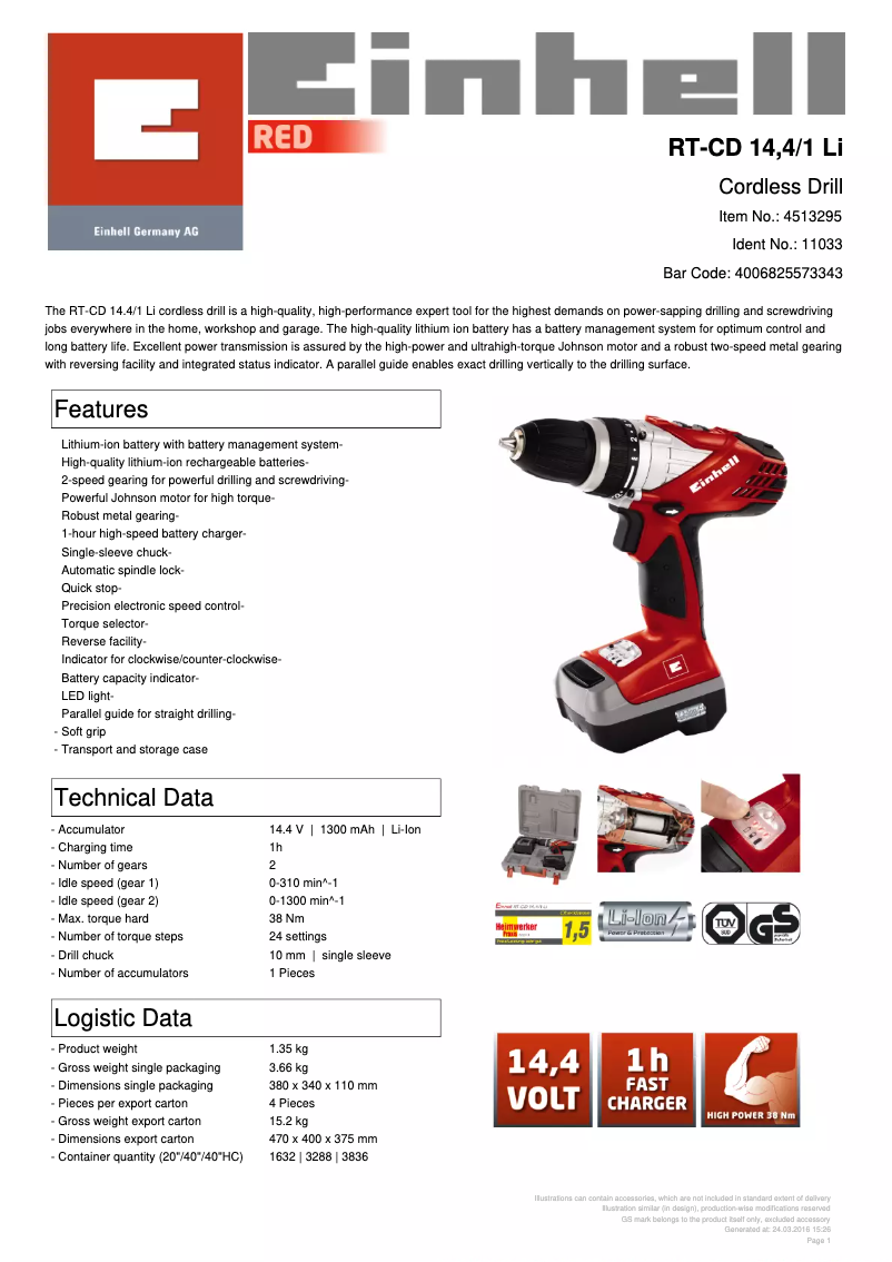 Page 1 de la notice Fiche technique Einhell RT-CD 14,4/1 Li