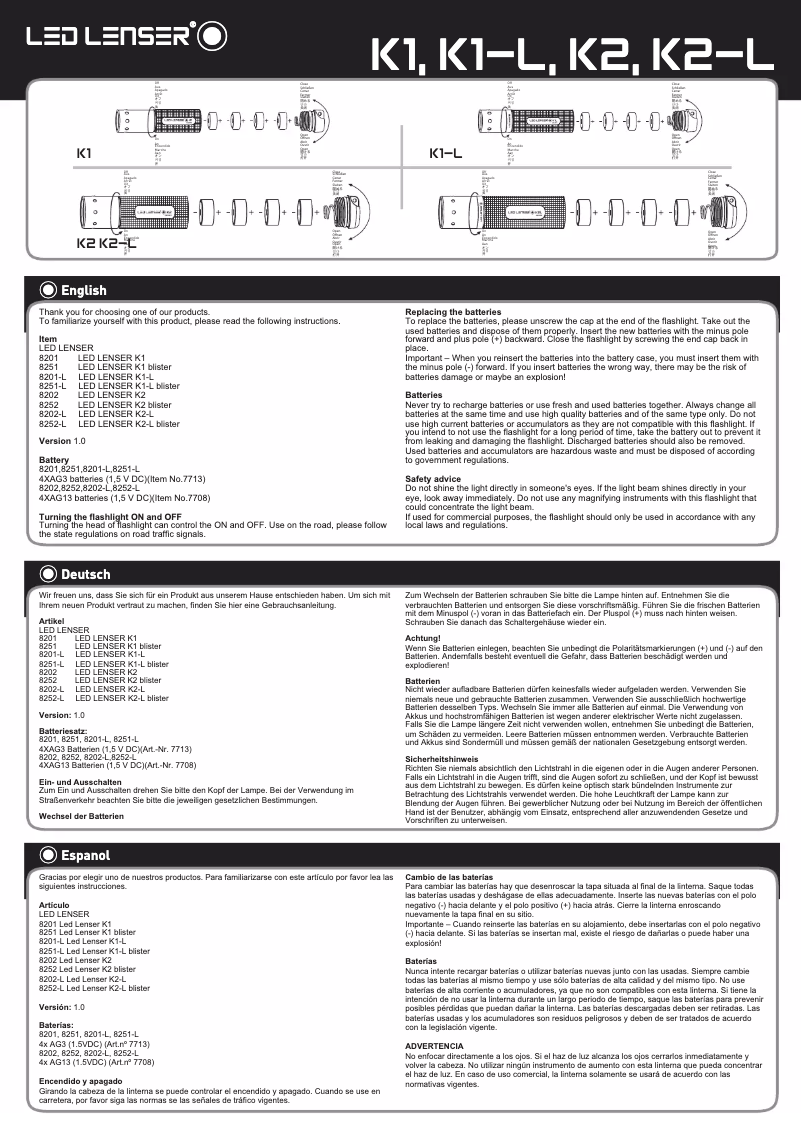 Page 1 de la notice Manuel utilisateur Ledlenser K2-L
