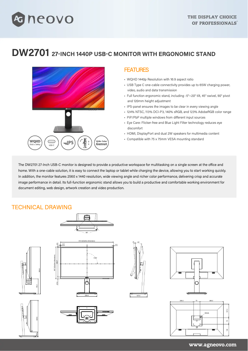Page 1 de la notice Fiche technique AG Neovo DW2701