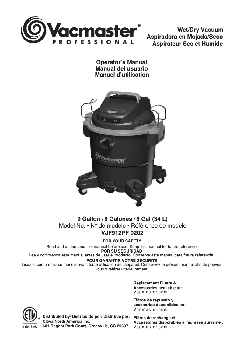 Page 1 de la notice Manuel utilisateur Vacmaster Professional VJF912PF 0202
