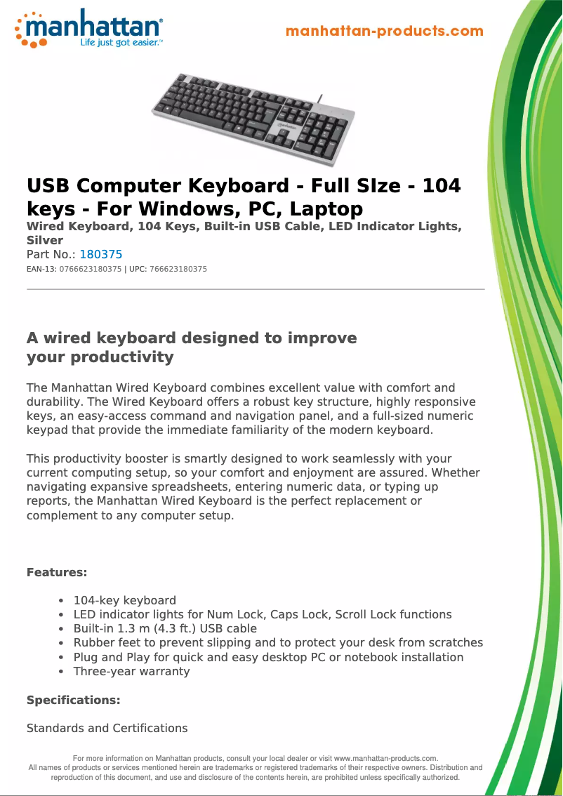 Page 1 de la notice Fiche technique Manhattan 180375