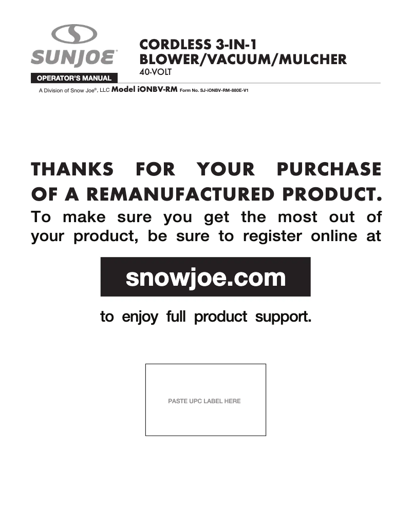 Page 1 de la notice Manuel utilisateur Sun Joe IONBV-RM