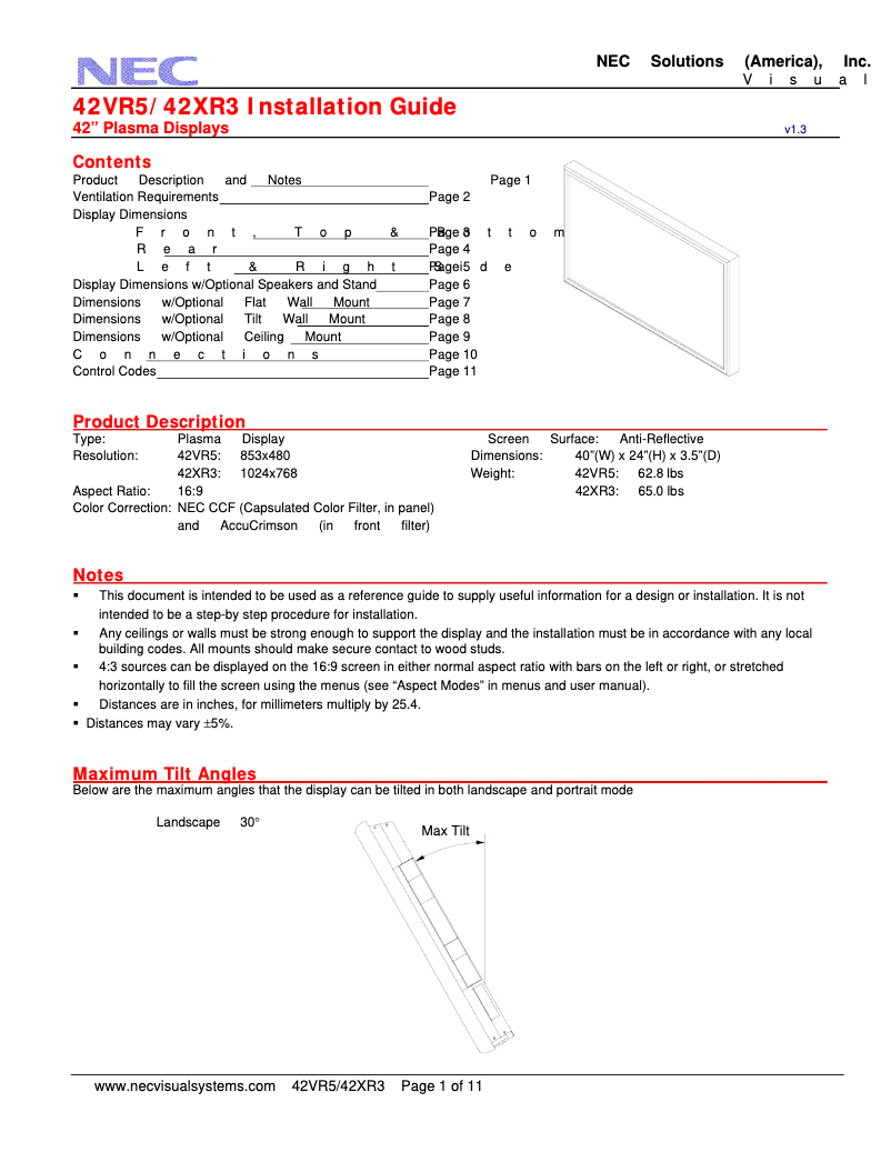Page 1 de la notice Manuel utilisateur NEC PlasmaSync 42XR3