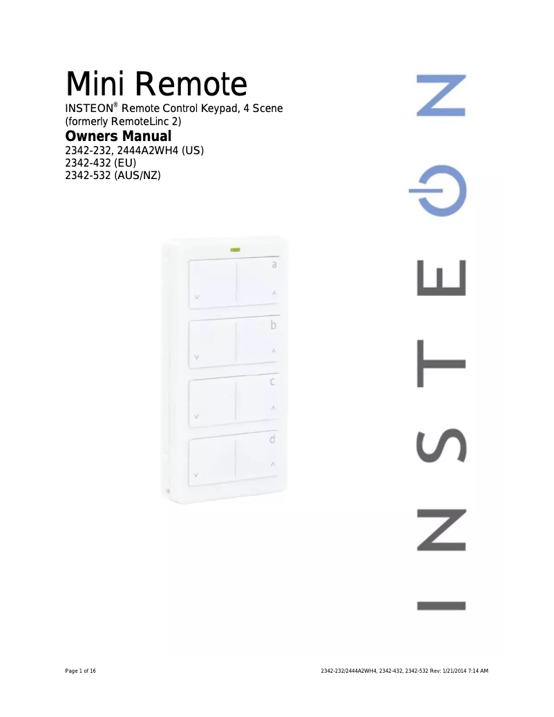 Page 1 de la notice Manuel utilisateur Insteon Mini Remote 4 Scene