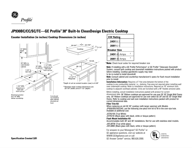 Página 1 del manual Ficha técnica GE Profile JP930BCBB