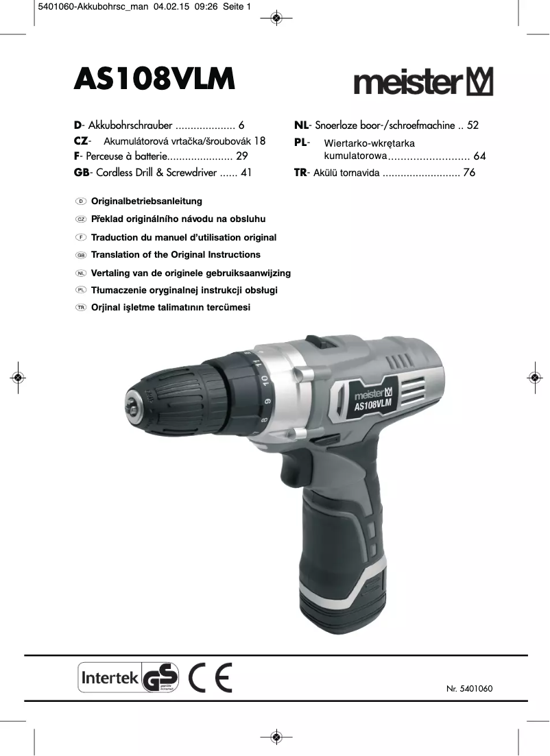 Page n°1 - Manuel utilisateur Meister Craft AS108VLM