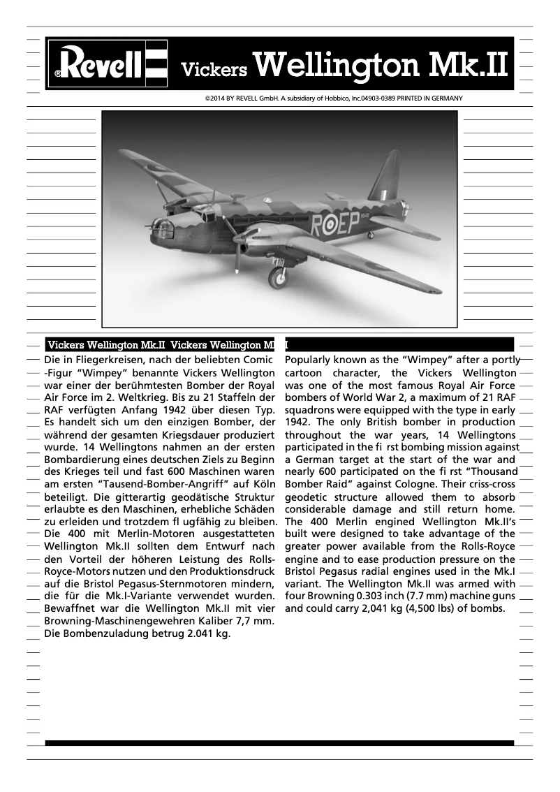 Image de la première page du manuel de l'appareil Surf category Vickers Wellington Mk.II