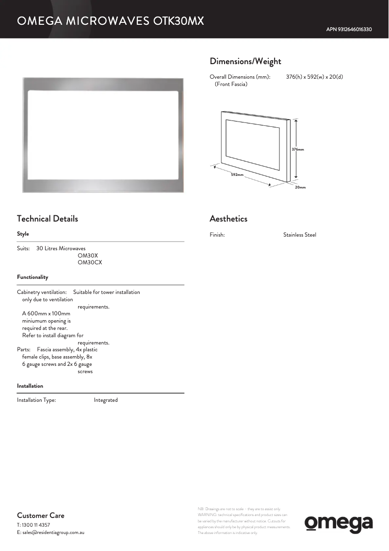 Page 1 de la notice Fiche technique Omega OM30X