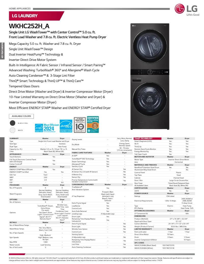 Page n°1 - Fiche technique LG WKHC252HBA