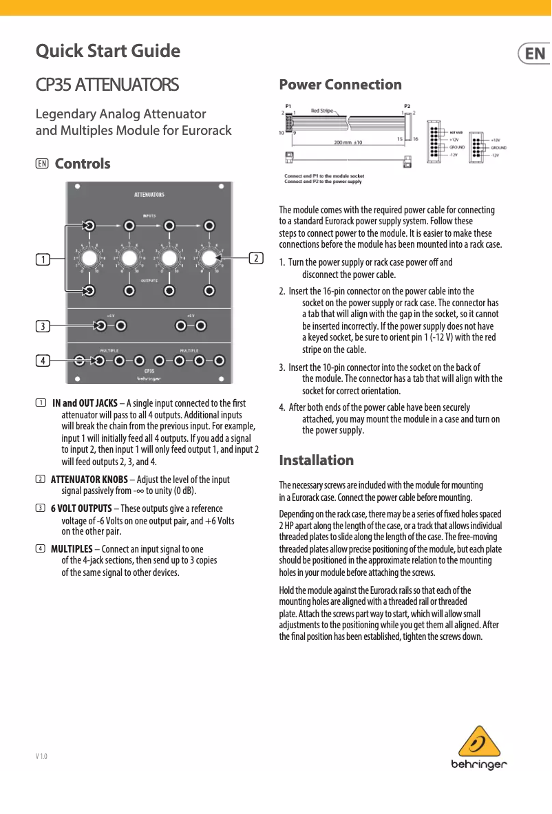 Page 1 de la notice Manuel utilisateur Behringer CP35 Attenuators