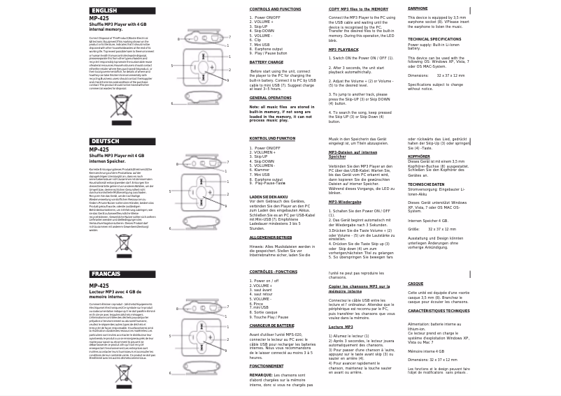 Page 1 de la notice Manuel utilisateur Roadstar MP-425