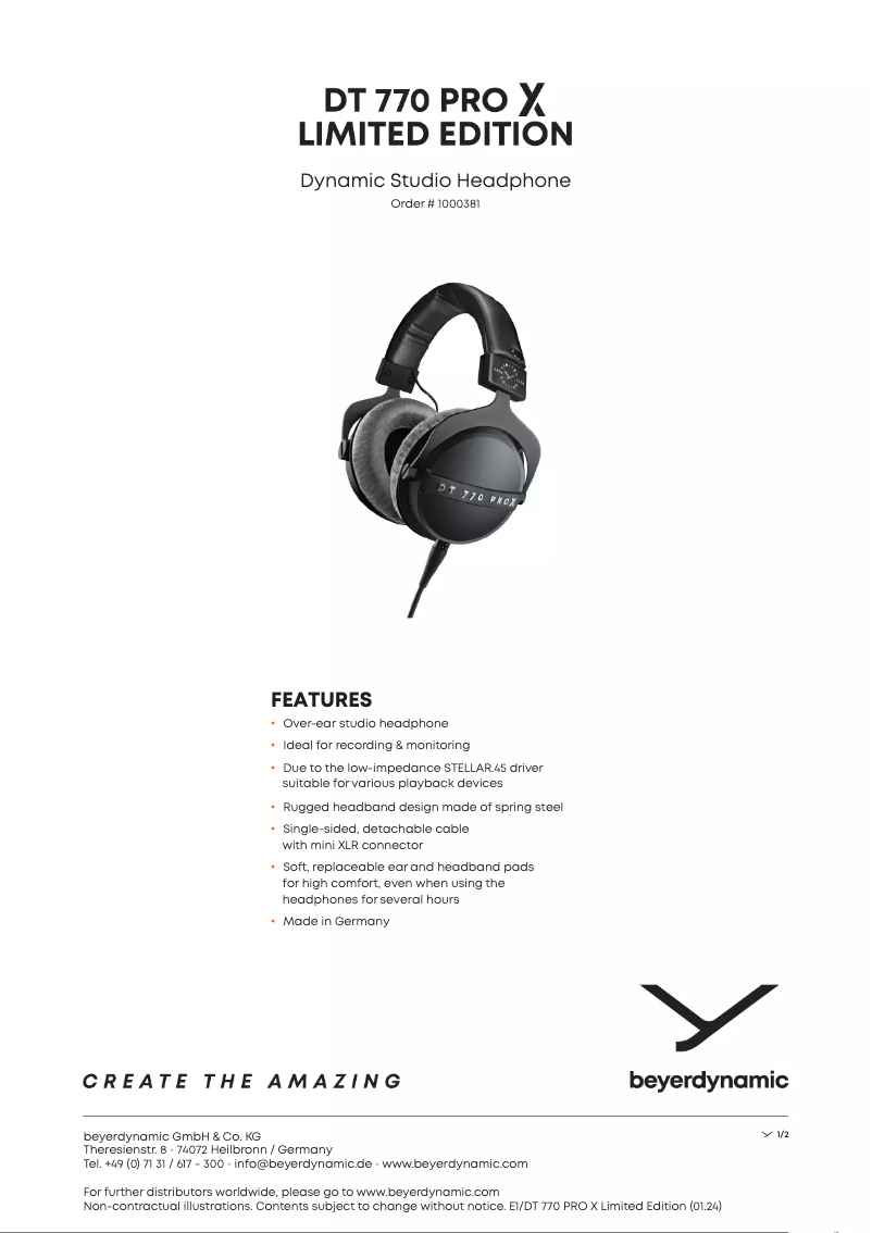 Page 1 de la notice Fiche technique Beyerdynamic DT 770 PRO X Limited Edition