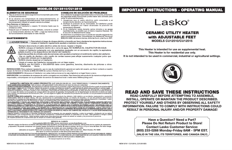 Página 1 del manual Manual de uso y mantenimiento Lasko Elite Collection Ceramic CU12510