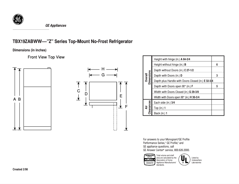 Page n°1 - Fiche technique GE TBX19ZABWW