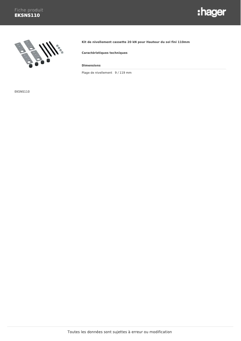 Page 1 de la notice Fiche technique Hager EKSNS110