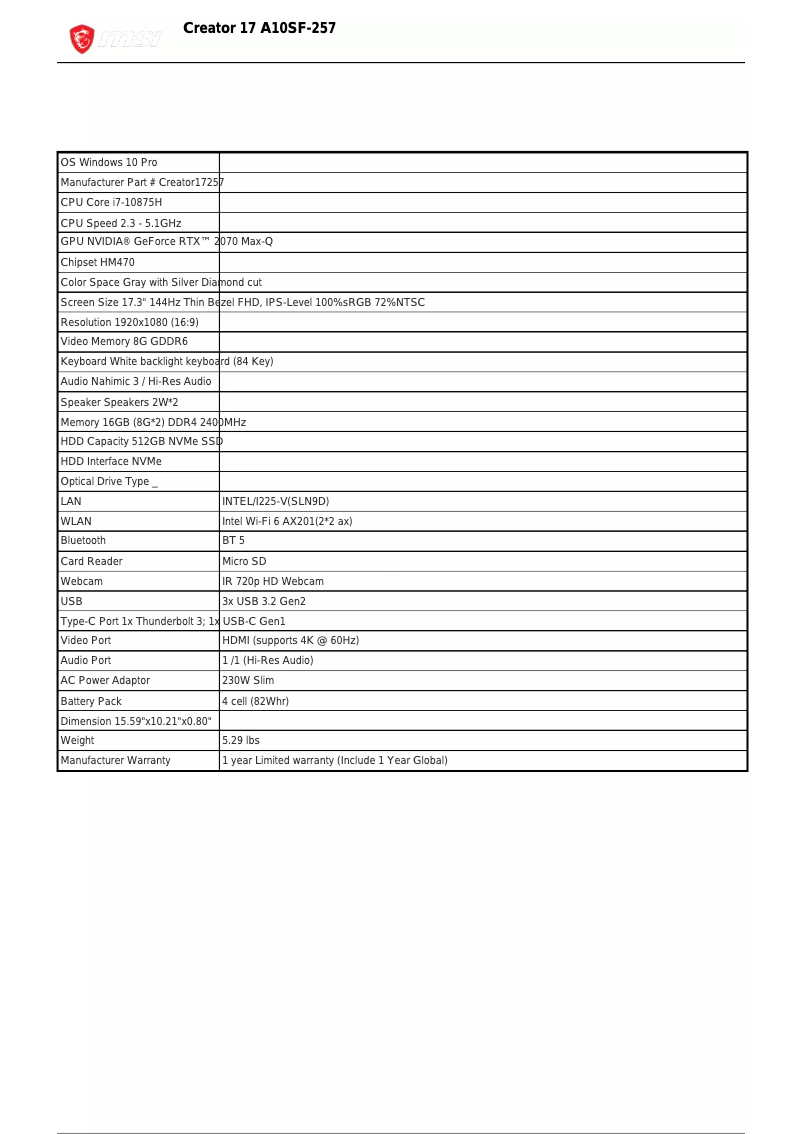 Page 1 de la notice Fiche technique MSI Creator 17