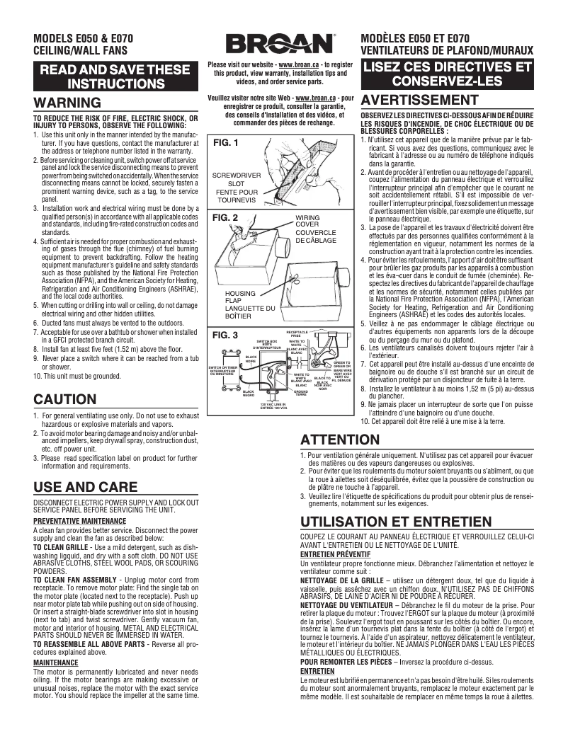Page n°1 - Manuel utilisateur Broan E0F70