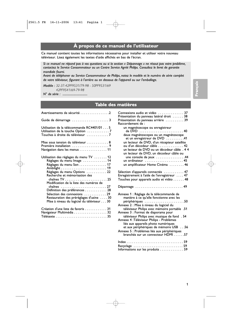 Page 1 de la notice Manuel utilisateur Philips 50PF9531