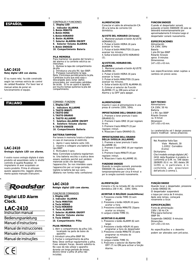 Page 1 de la notice Manuel utilisateur Roadstar LAC-2410