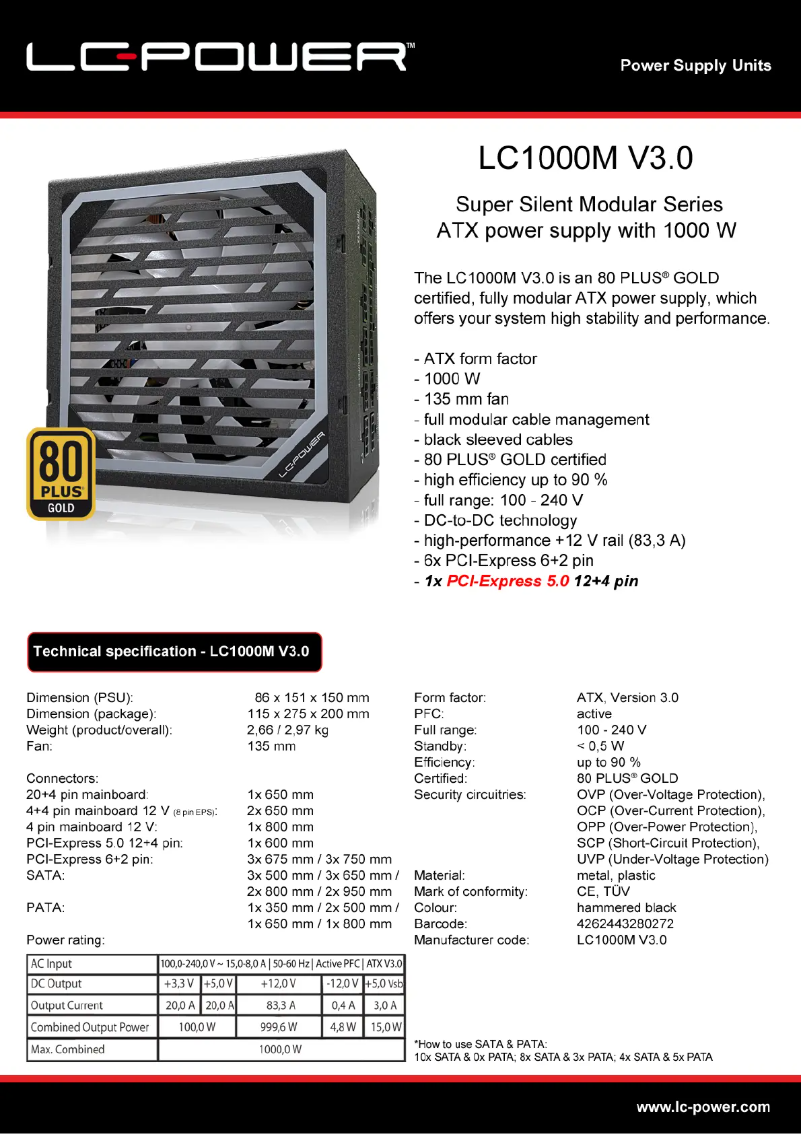 Page 1 de la notice Fiche technique LC-Power LC1000M V3.0