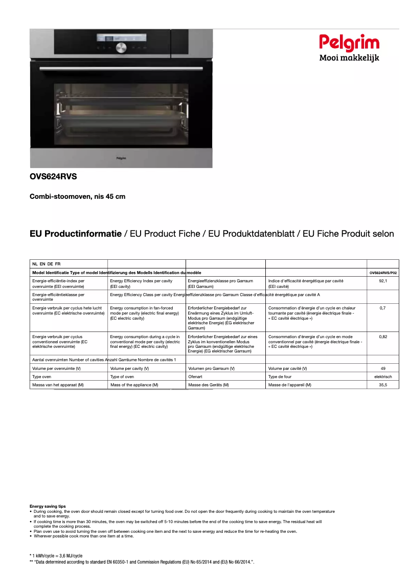 Page n°1 - Fiche technique Pelgrim OVS624RVS