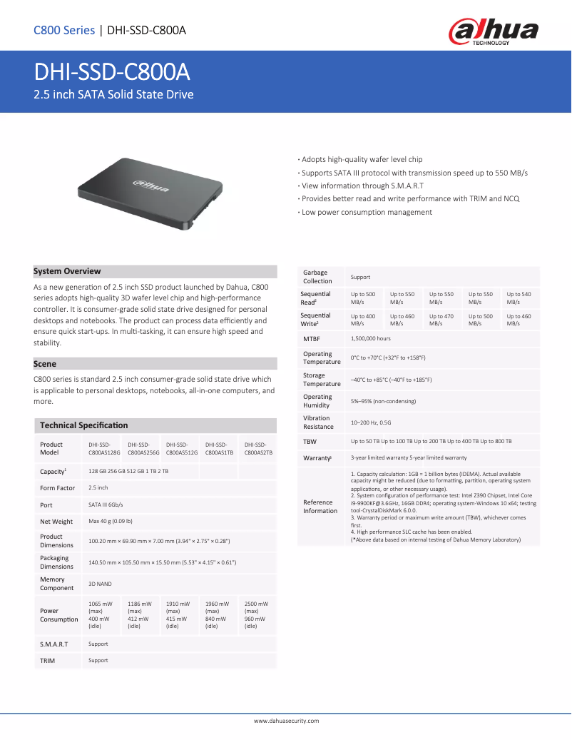 Page n°1 - Fiche technique Dahua Technology SSD-C800AS2TB
