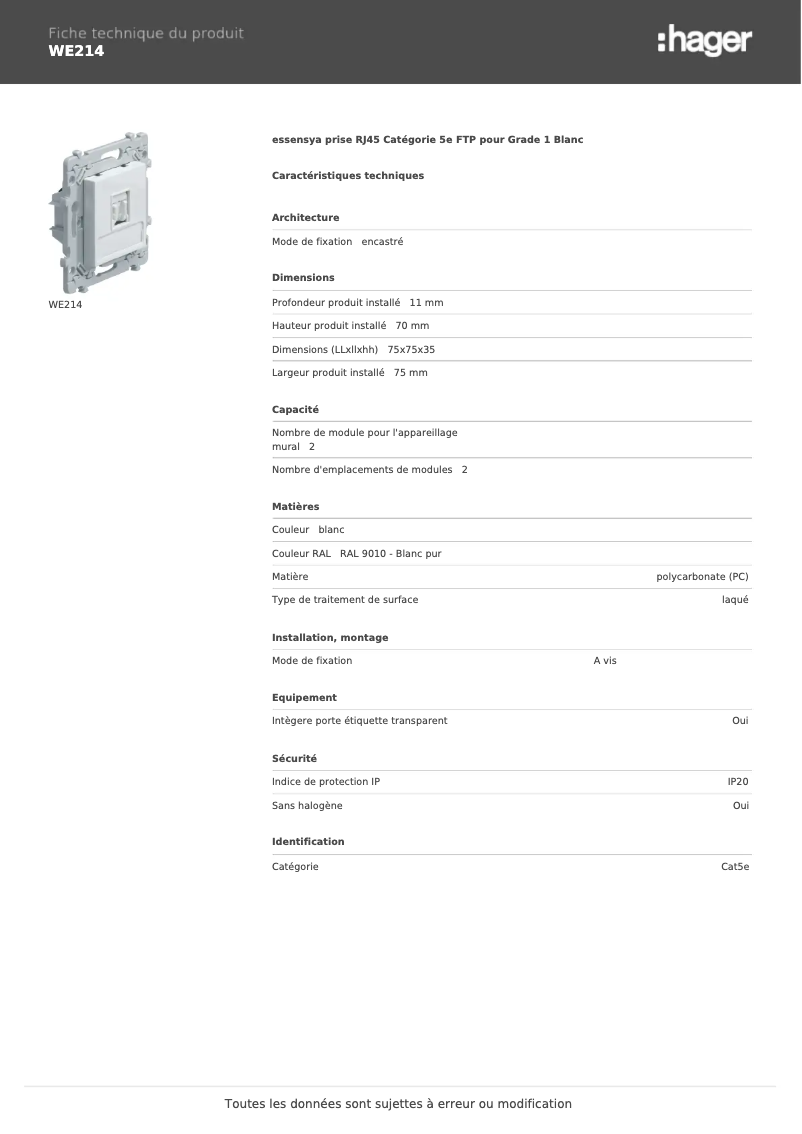 Page 1 de la notice Fiche technique Hager WE214