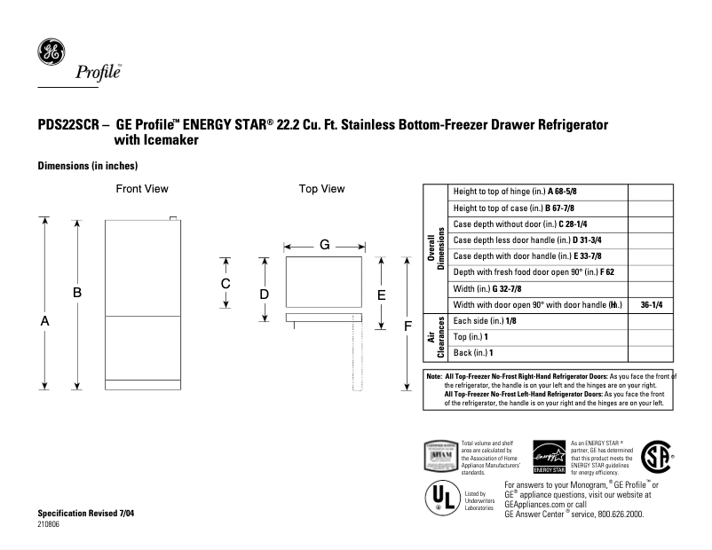 Page n°1 - Fiche technique GE Profile PDS22SCRRSS