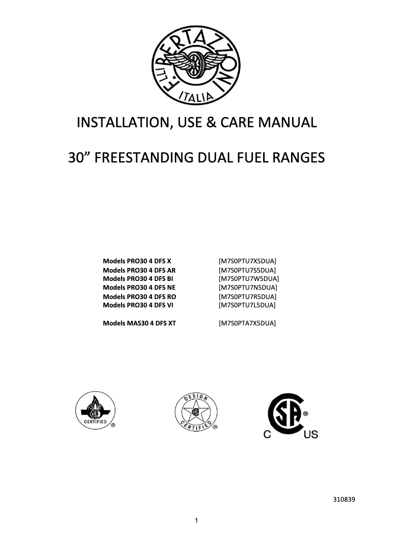 Page 1 de la notice Manuel utilisateur Bertazzoni PRO30 4 DFS X