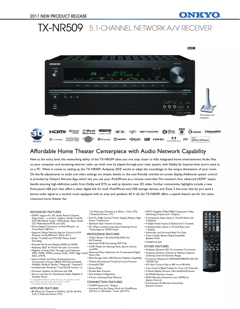 Page 1 de la notice Fiche technique Onkyo TX-NR509