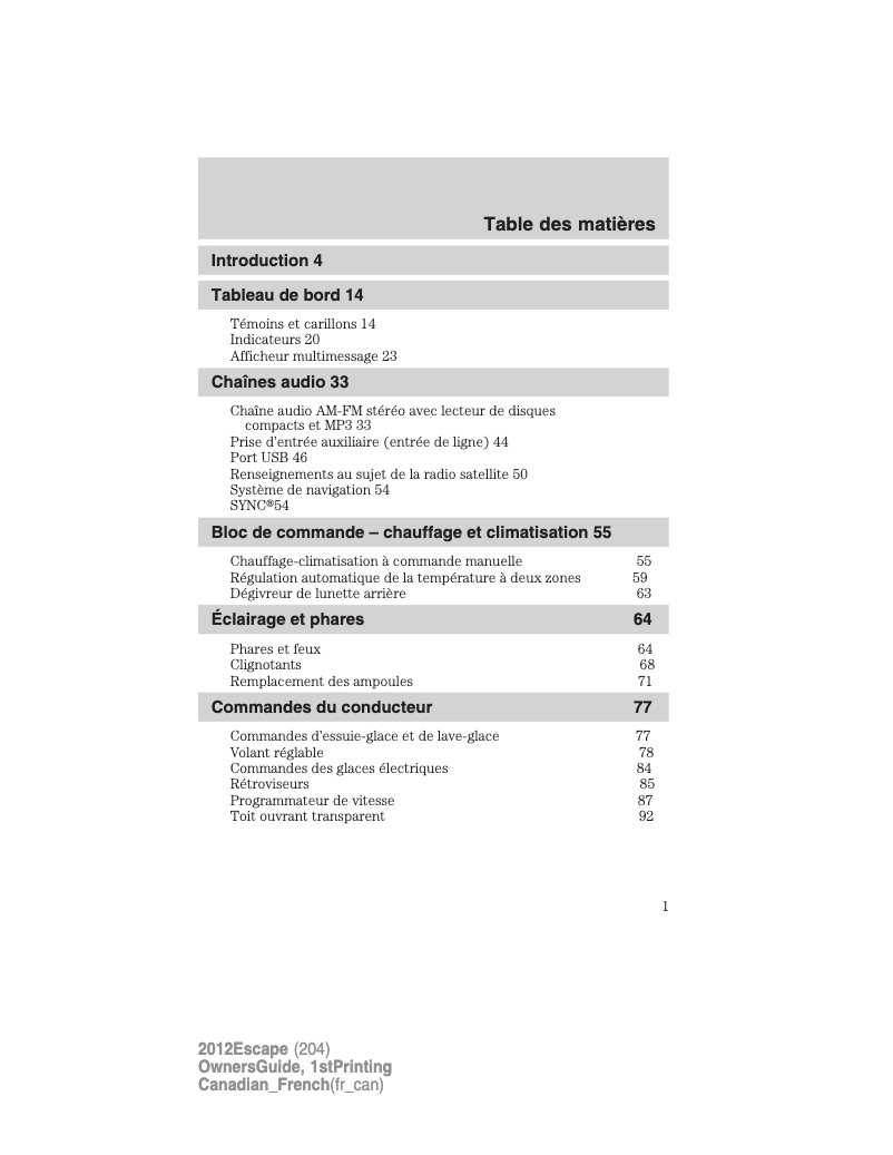 Page n°1 - Manuel utilisateur Ford Escape (2012)