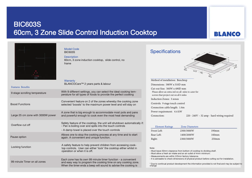 Página 1 del manual Ficha técnica BLANCO BIC603S